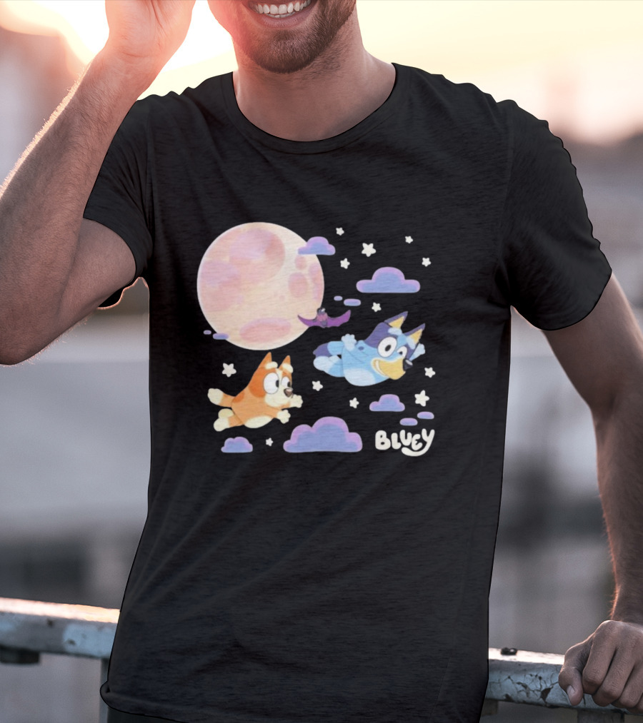 Bluey Sleepy Time Characters Flying With Moon And Stars T-Shirt