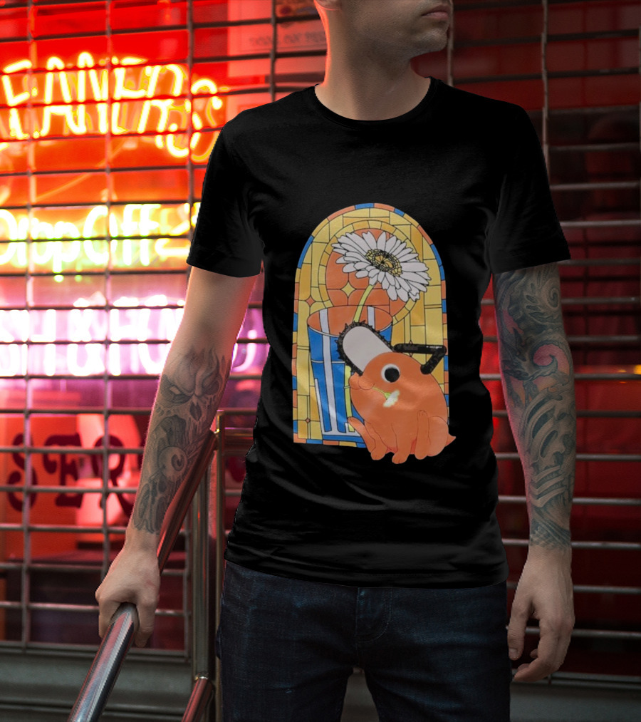 Chainsaw Man Pochita Stained Glass Flower And Chainsaw T-Shirt