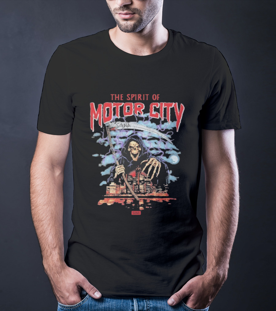 The Spirit Of Motor City Sana Grim Reaper Halloween Skeleton Scythe Urban Cityscape T-Shirt