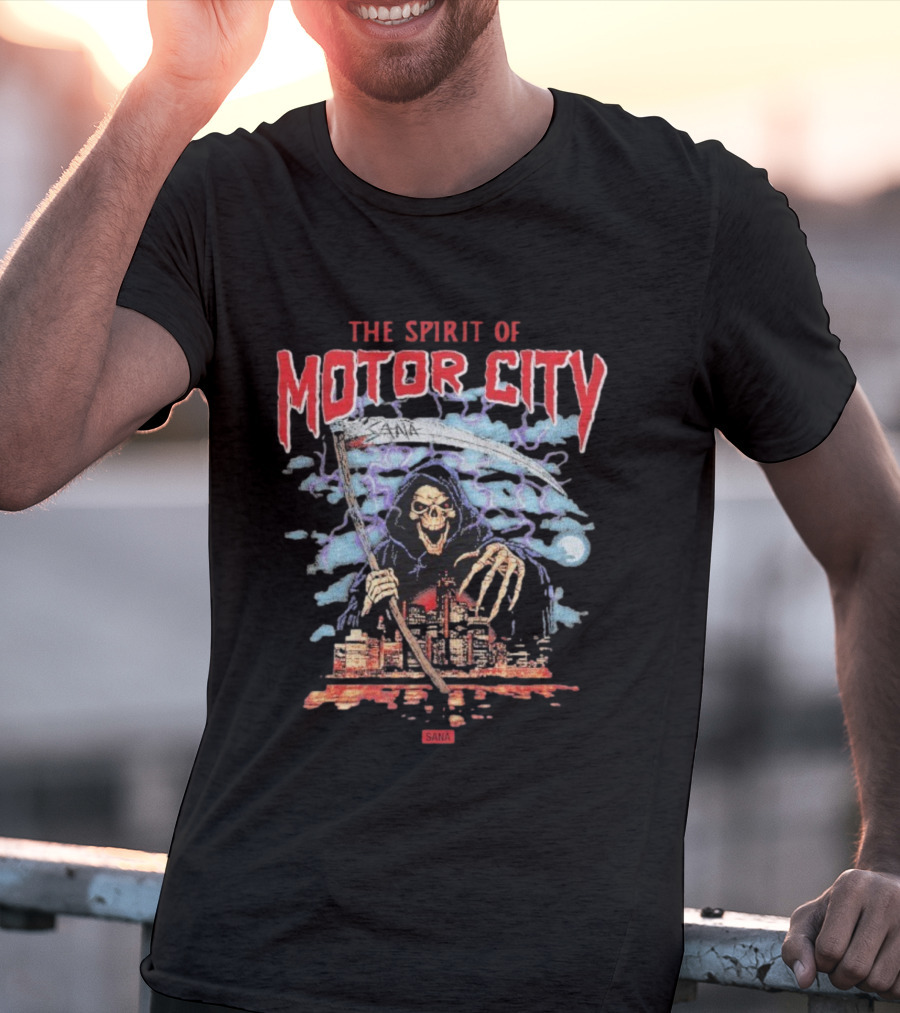 The Spirit Of Motor City Sana Grim Reaper Halloween Skeleton Scythe Urban Cityscape T-Shirt