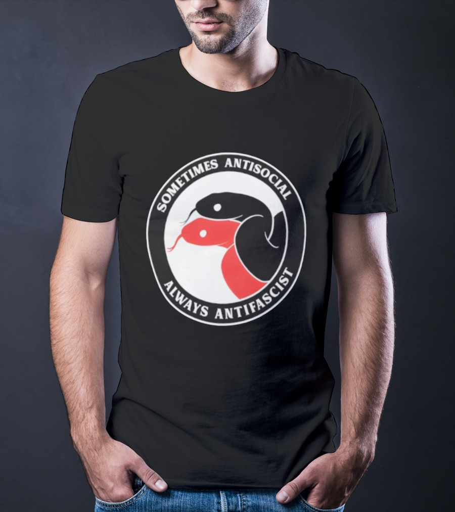 Sometimes Antisocial Always Antifascist Snakes Circle Logo Two Snakes Black And Red T-Shirt
