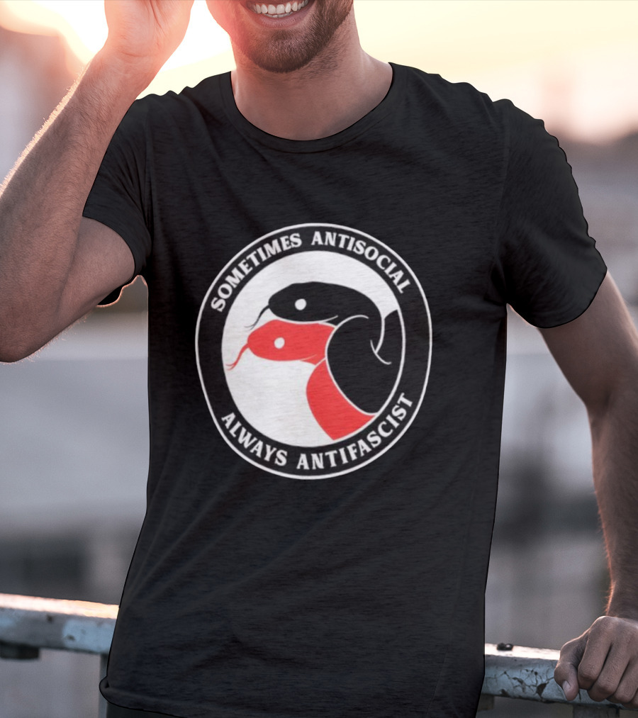 Sometimes Antisocial Always Antifascist Snakes Circle Logo Two Snakes Black And Red T-Shirt
