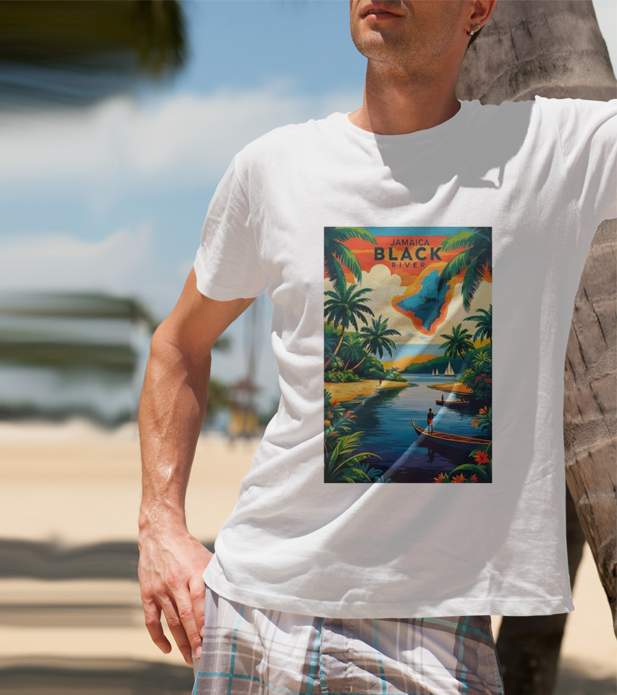 Jamaica Black River Vintage Travel Tropical Scenery With Palm Trees And Boats T-Shirt