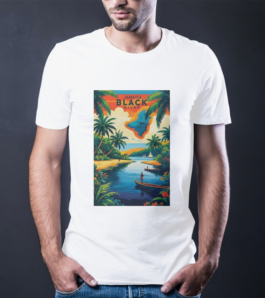 Jamaica Black River Vintage Travel Tropical Scenery With Palm Trees And Boats T-Shirt