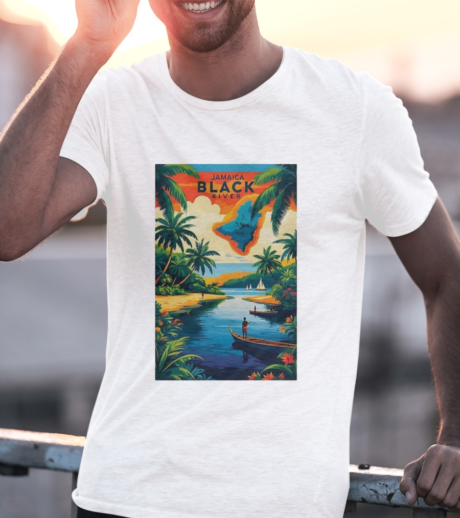 Jamaica Black River Vintage Travel Tropical Scenery With Palm Trees And Boats T-Shirt