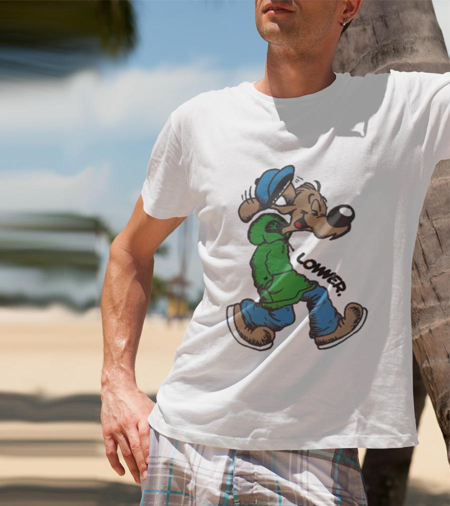 Lower Billie Hood Walkin Cartoon Character In Green And Blue Cap T-Shirt