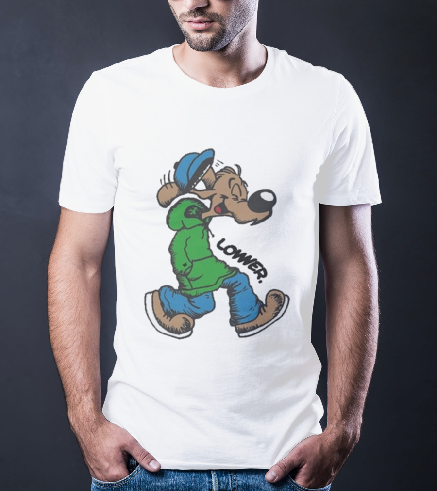 Lower Billie Hood Walkin Cartoon Character In Green And Blue Cap T-Shirt