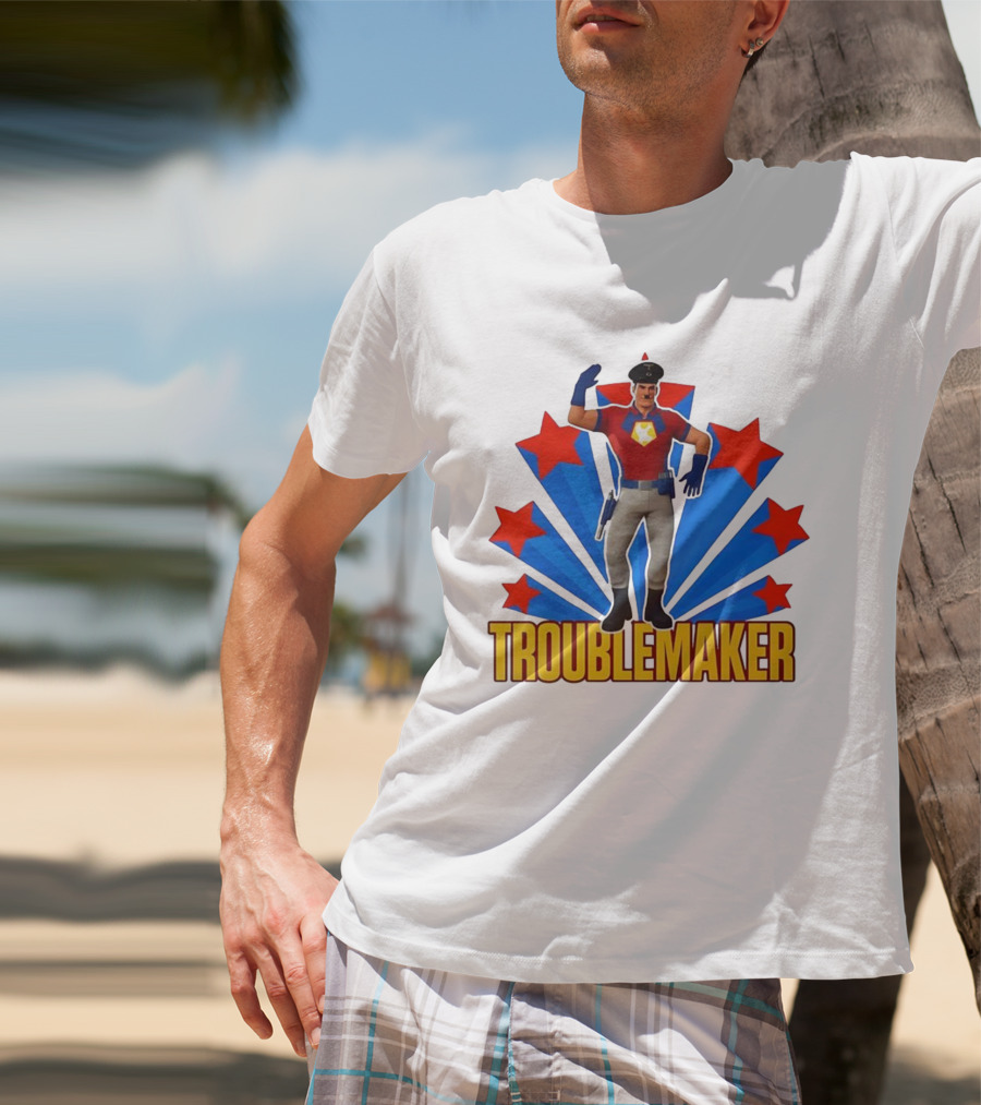 Troublemaker Character With Star Symbol And Red Blue Background T-Shirt