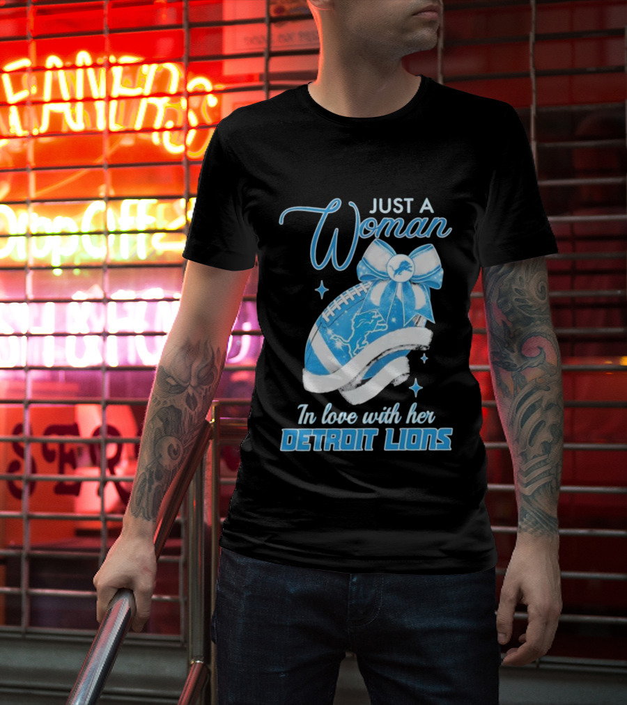 Just A Woman In Love With Her Detroit Lions Glittery Ribbon T-Shirt