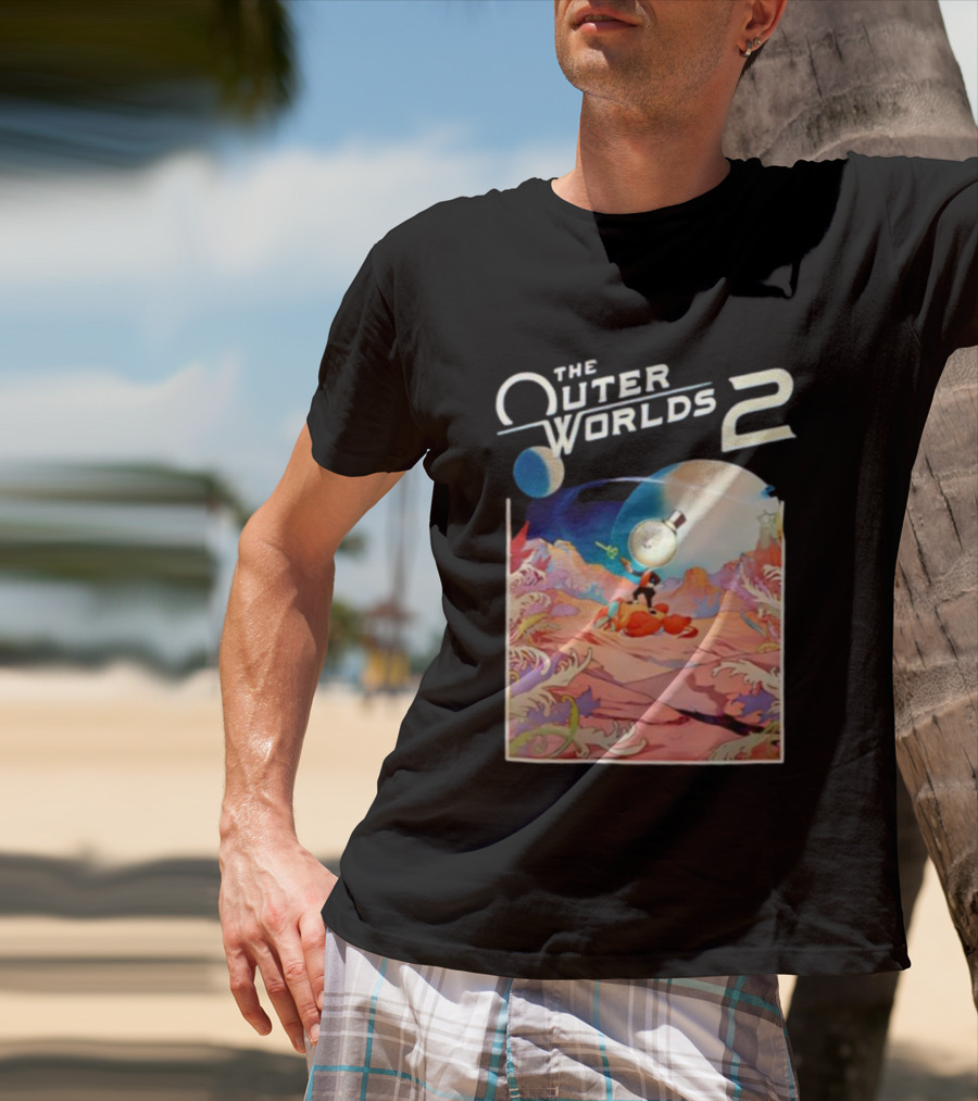The Outer Worlds 2 Surreal Landscape With Cartoon Character T-Shirt