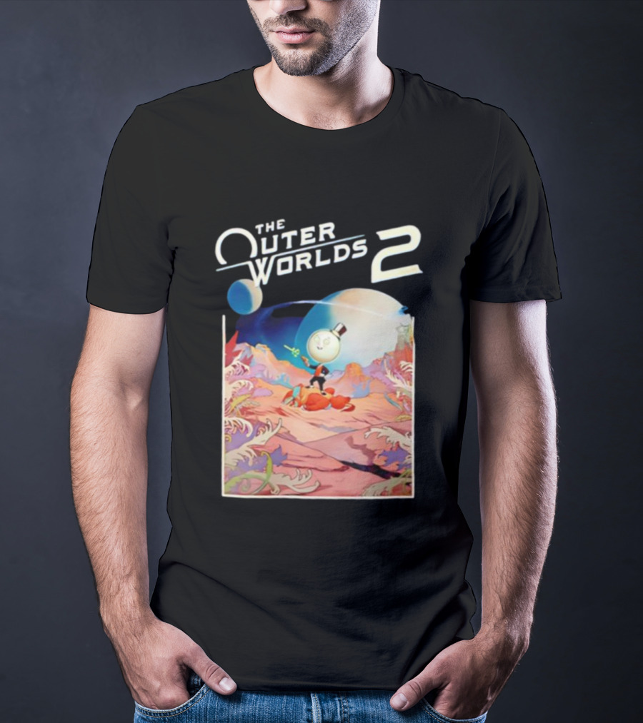 The Outer Worlds 2 Surreal Landscape With Cartoon Character T-Shirt