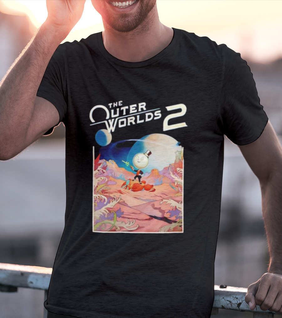 The Outer Worlds 2 Surreal Landscape With Cartoon Character T-Shirt