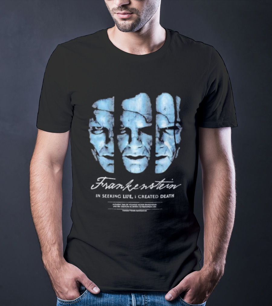 Frankenstein The Creature Seeking Life Created Death Split Face Design T-Shirt