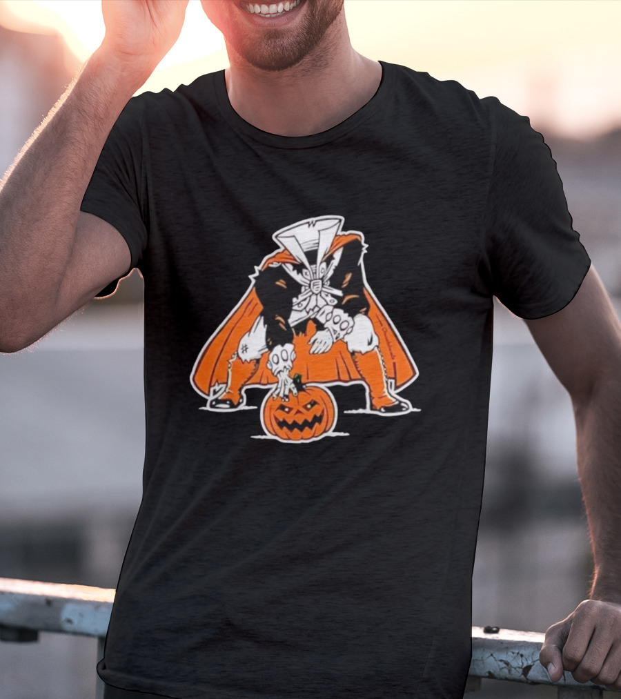 Headless Horseman Halloween Character With Pumpkin Jack O' Lantern Orange Cape Costume T-Shirt