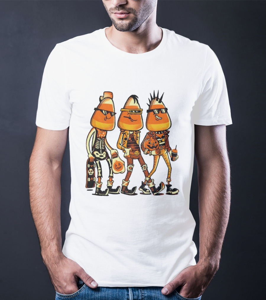 Candy Corn Punk Rock Skeleton Pumpkin Halloween Characters T-Shirt