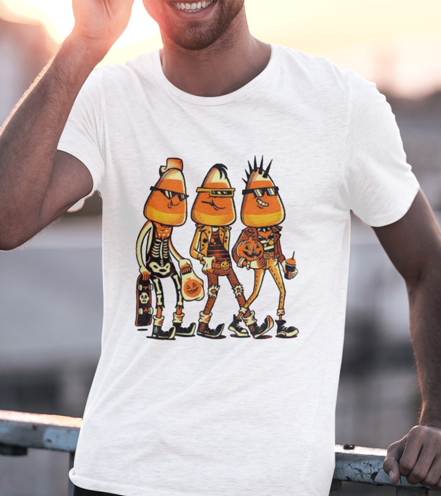 Candy Corn Punk Rock Skeleton Pumpkin Halloween Characters T-Shirt