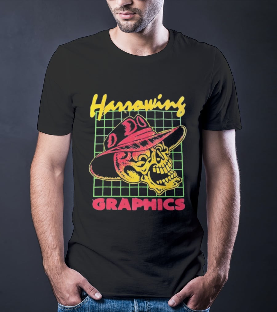 Harrowing Skull Cowboy Hat Graphics Retro Neon Style T-Shirt