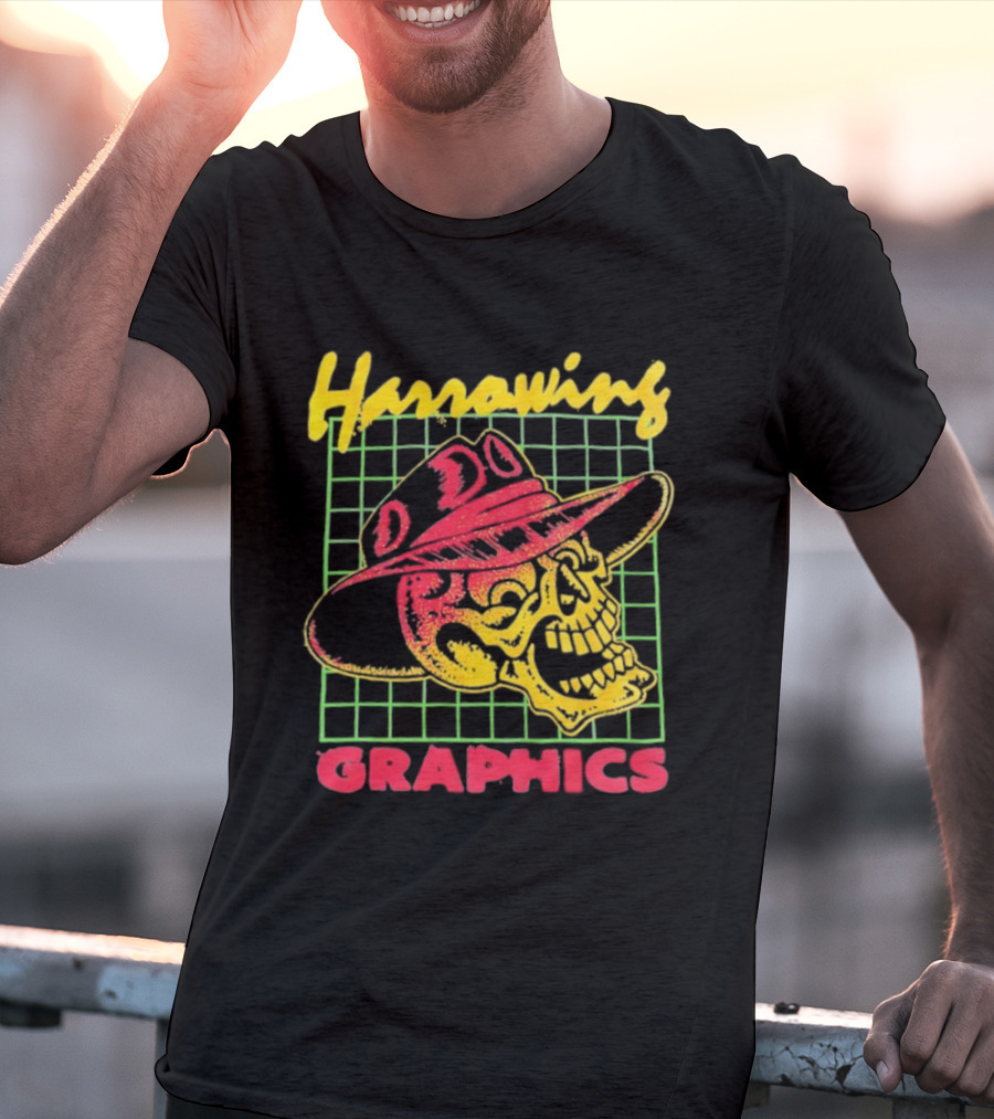 Harrowing Skull Cowboy Hat Graphics Retro Neon Style T-Shirt