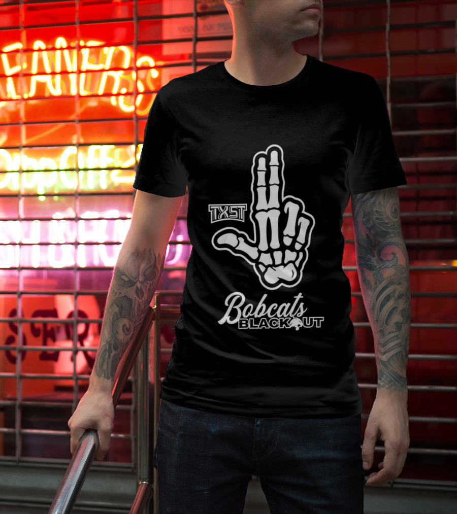 Skeleton Hand TXST Bobcats Blackout Gesture T-Shirt