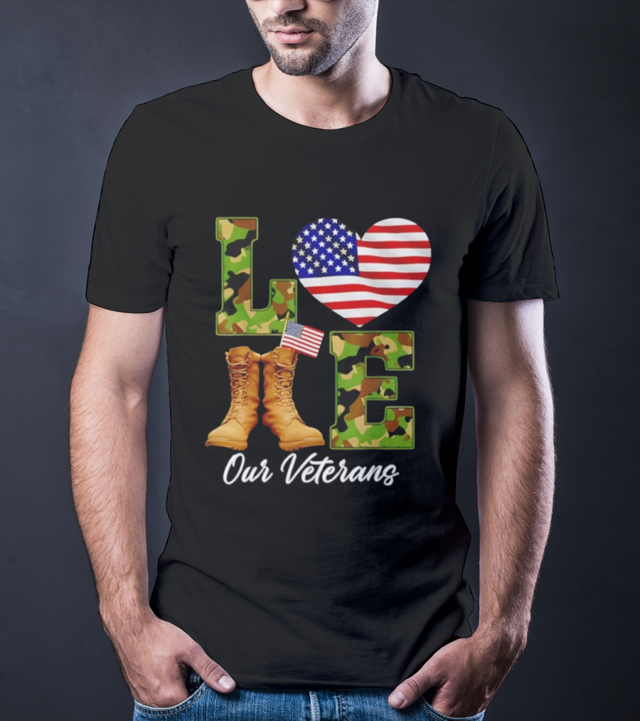 Love Veterans Day American Flag Military Camouflage Boots T-Shirt
