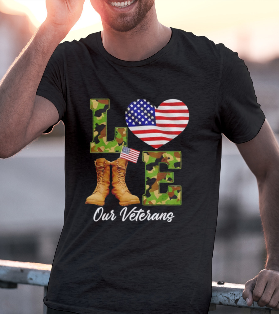 Love Veterans Day American Flag Military Camouflage Boots T-Shirt