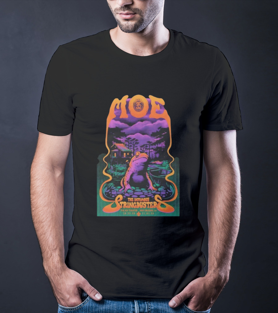 Moe. The Infamous Stringduster Halloween 2025 New Orleans Joy Theater Frog Swamp Scene T-Shirt