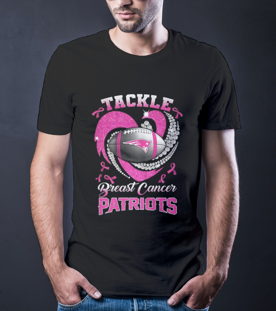 Tackle Breast Cancer New England Patriots Pink Ribbon Heart Football T-Shirt