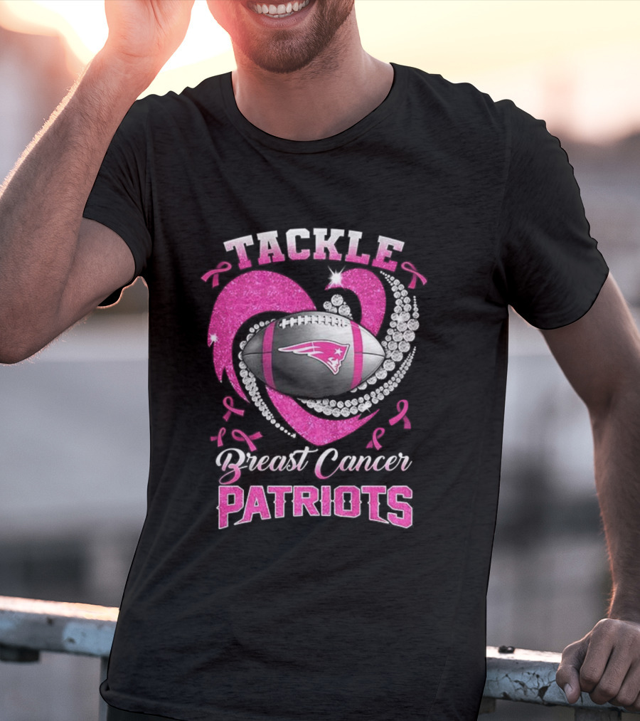 Tackle Breast Cancer New England Patriots Pink Ribbon Heart Football T-Shirt