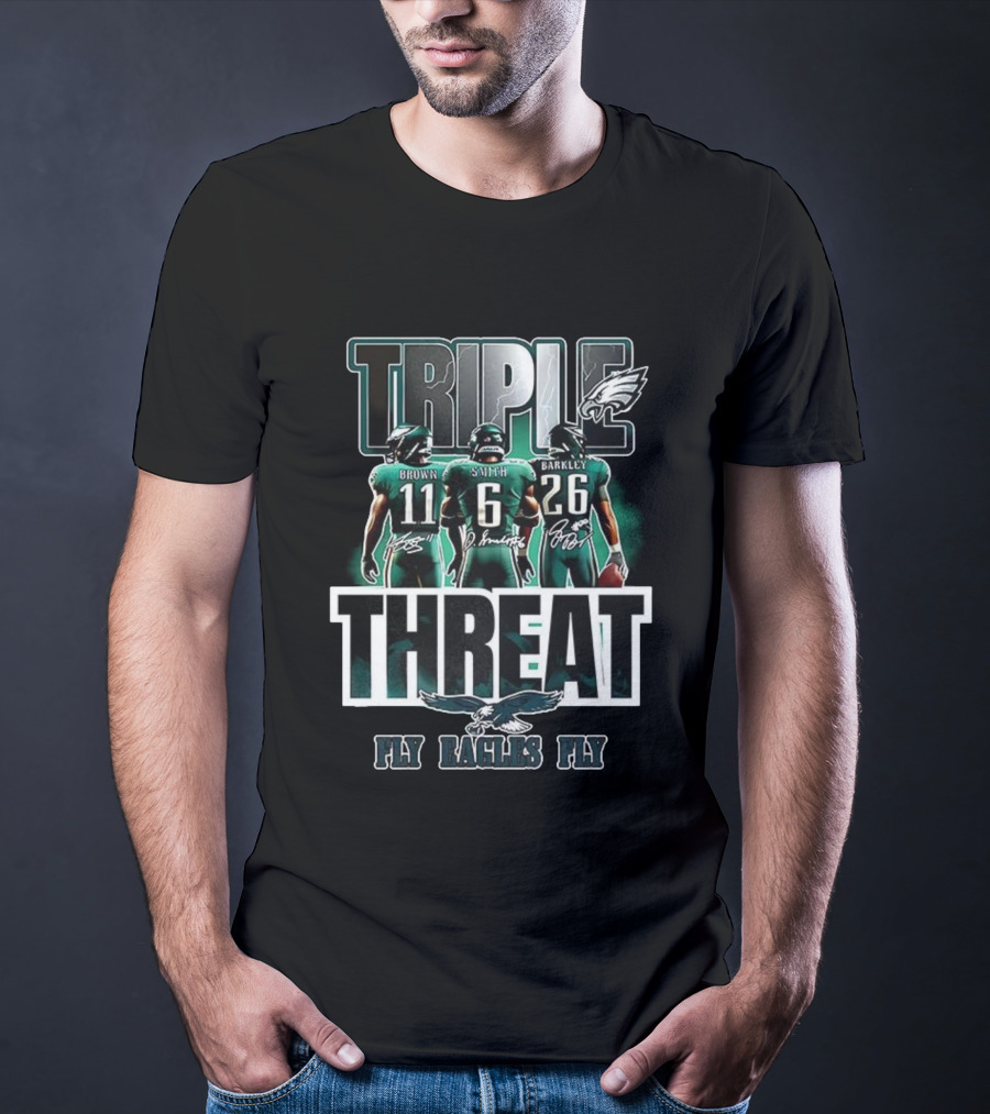Philadelphia Eagles 2025 Triple Threat Fly Eagles Fly Brown Smith Barkley T-Shirt