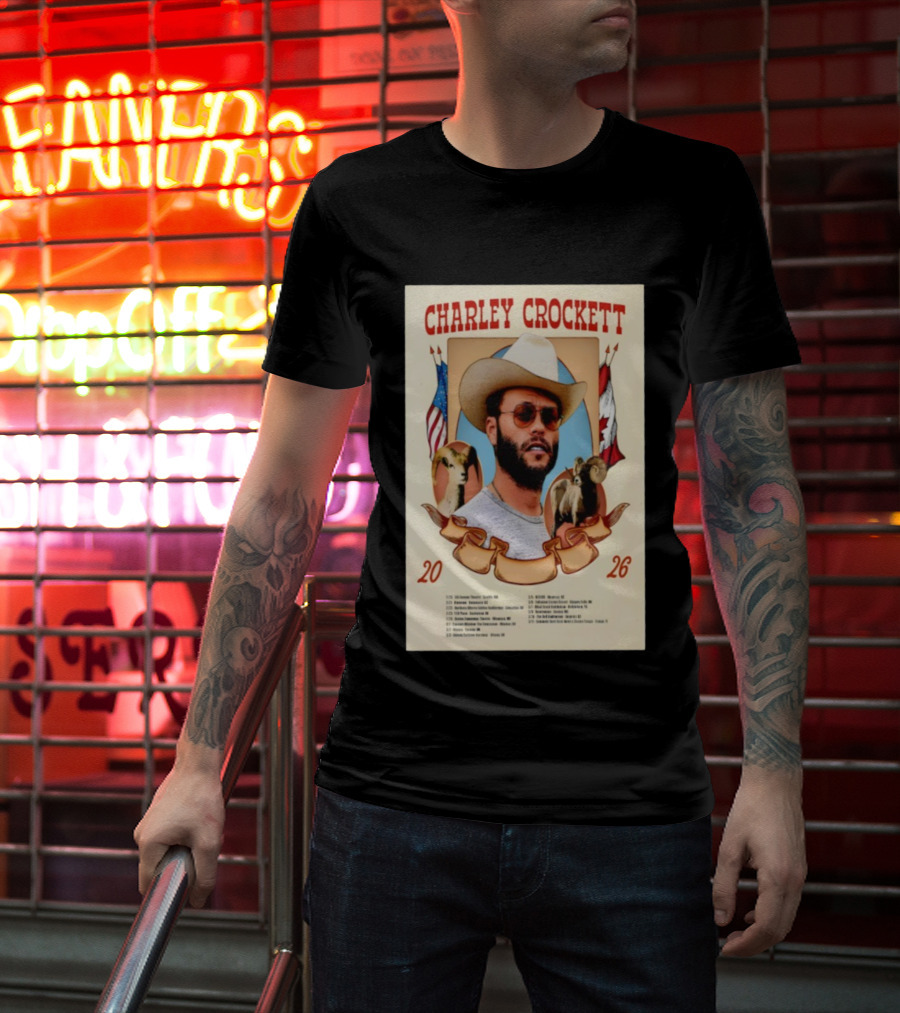 Charley Crockett Tour 2026 American Canadian Flags Vintage Style T-Shirt