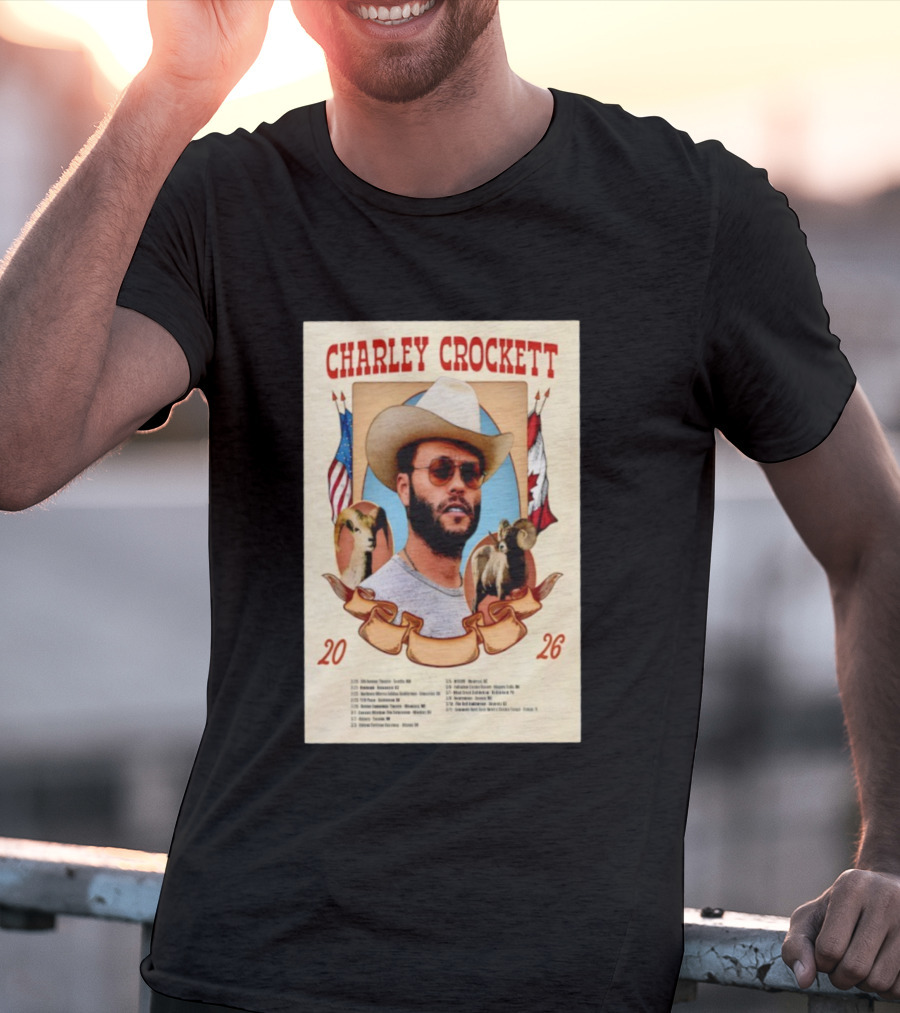 Charley Crockett Tour 2026 American Canadian Flags Vintage Style T-Shirt