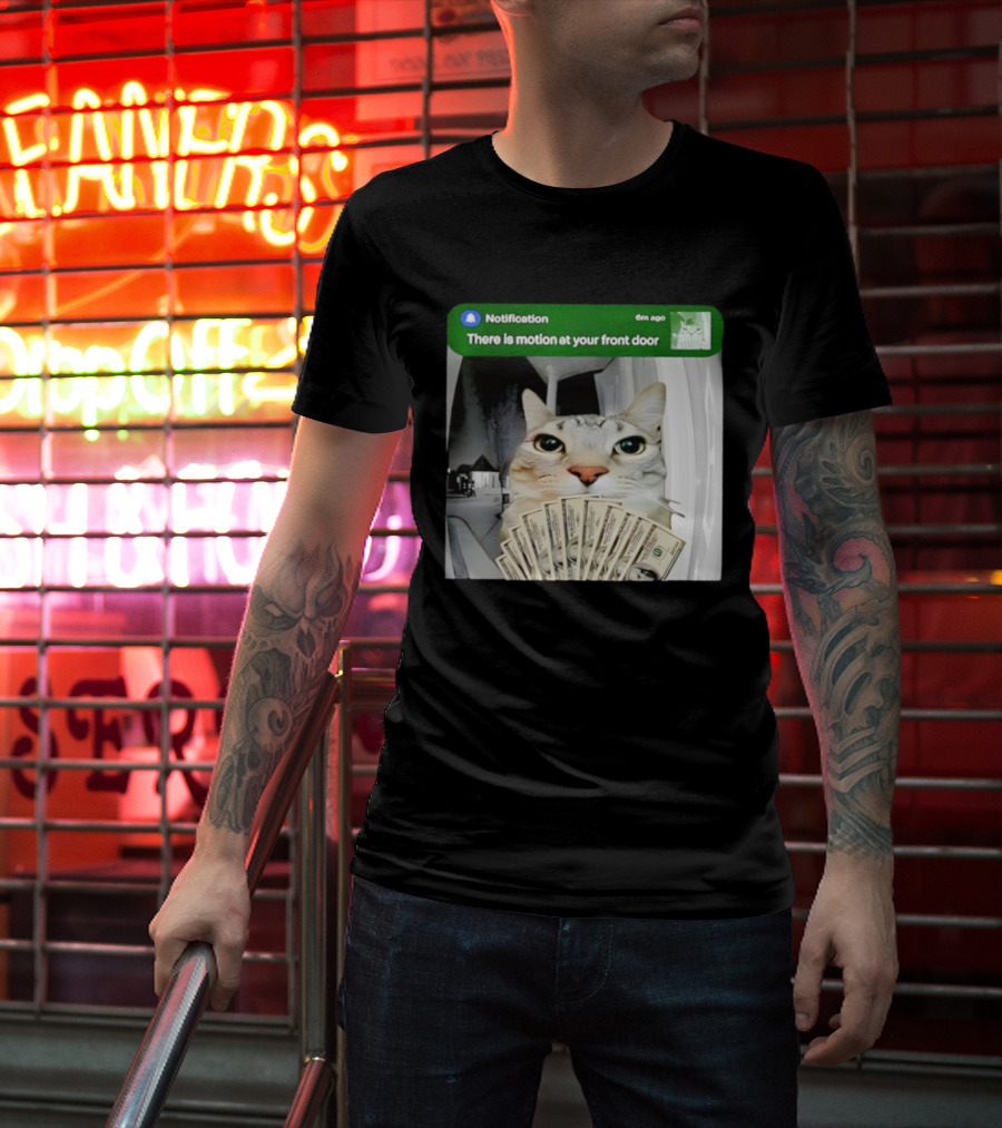 Notification Funny Cat Meme Motion At Your Front Door Money T-Shirt