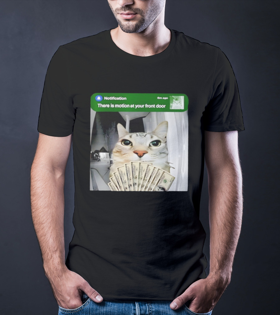 Notification Funny Cat Meme Motion At Your Front Door Money T-Shirt