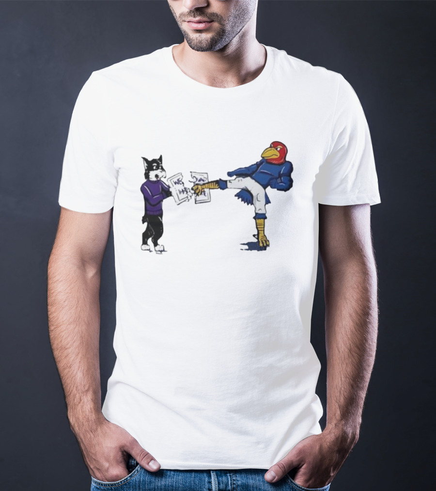 Kansas Jayhawk Mascot Kicking Wildcat We Own State T-Shirt