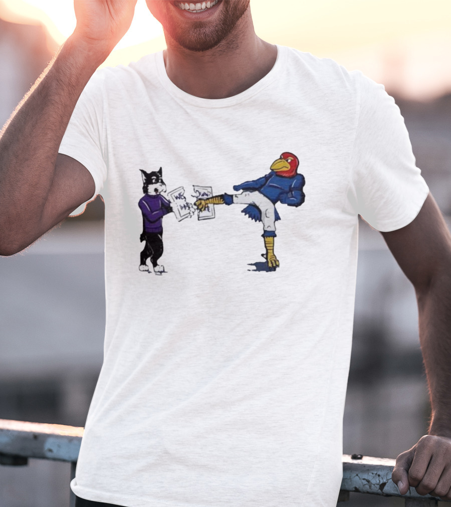 Kansas Jayhawk Mascot Kicking Wildcat We Own State T-Shirt