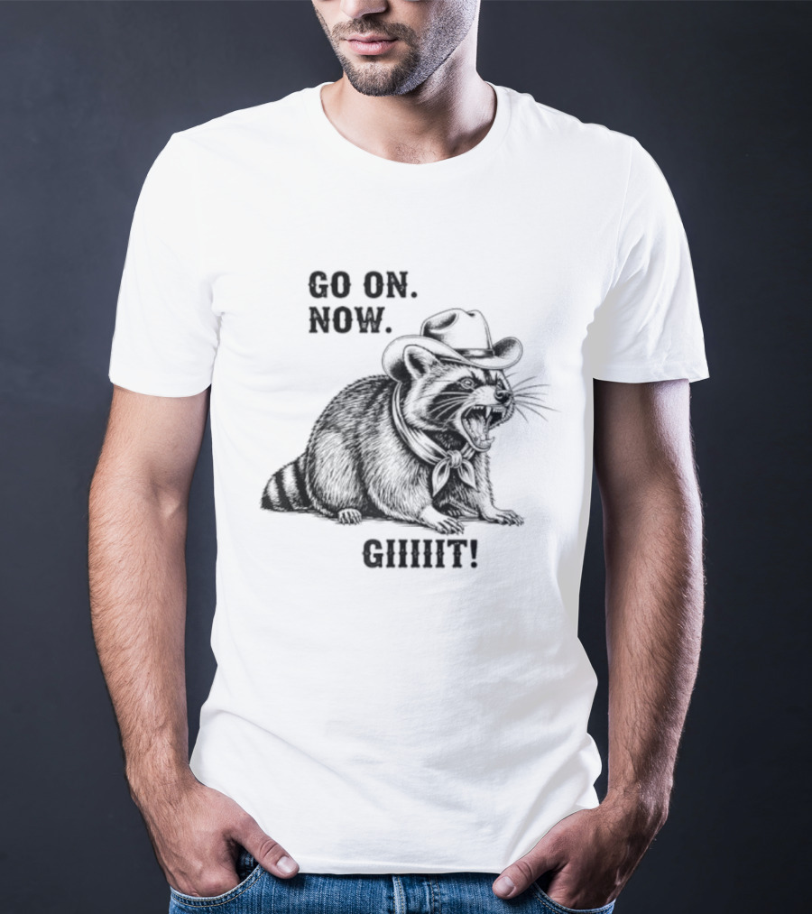 Vintage Cowboy Raccoon Go On Now Git Rustic Western Apparel T-Shirt