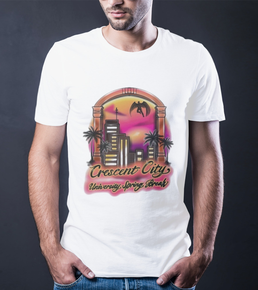Crescent City University Spring Break Airbrush Tropical Sunset Skyscraper Archway Angel Wings T-Shirt