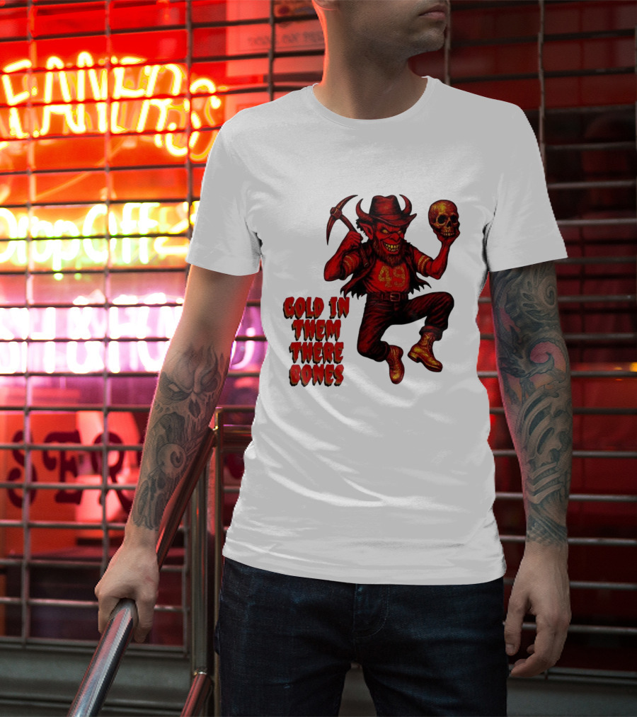 San Francisco 49er Devil Holding Skull Gold In Them There Bones T-Shirt