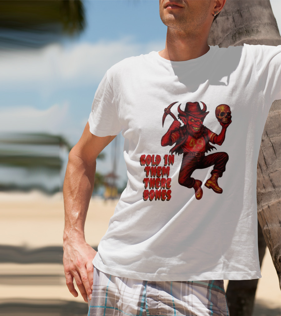San Francisco 49er Devil Holding Skull Gold In Them There Bones T-Shirt