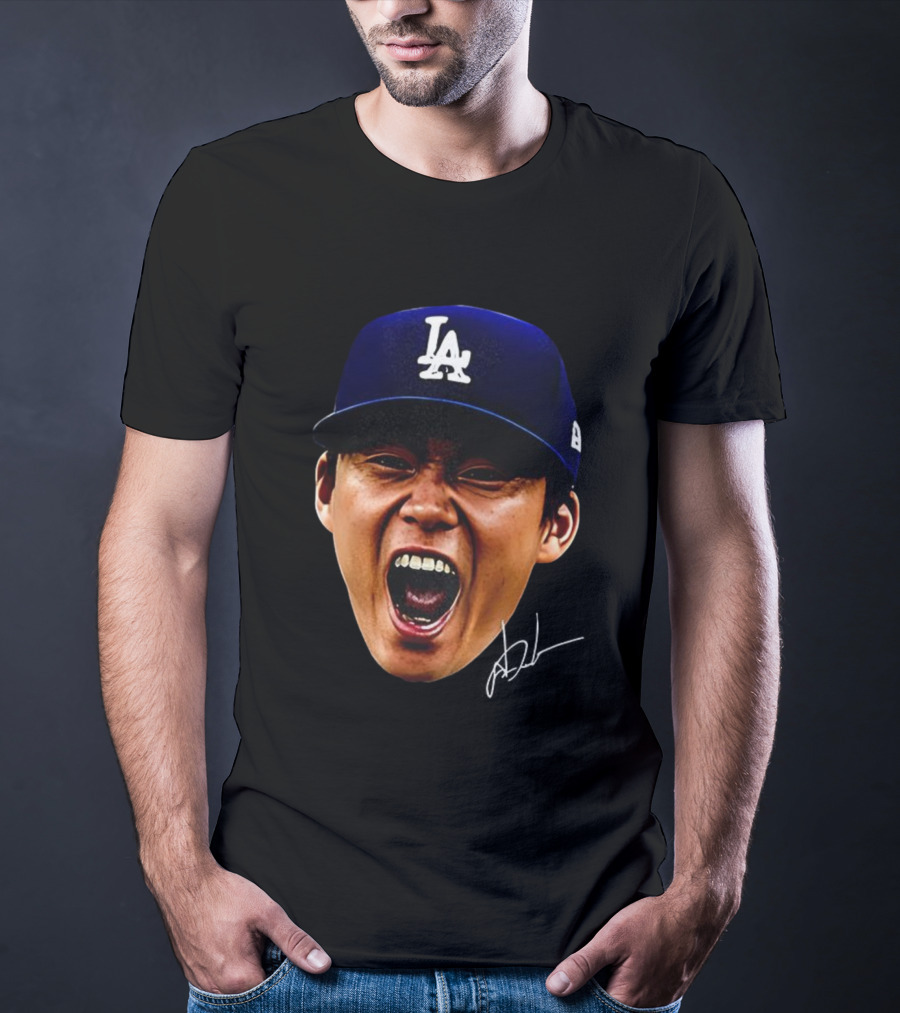 Yoshinobu Yamamoto LA Cap Big Head World Series Champions 2025 Signature T-Shirt