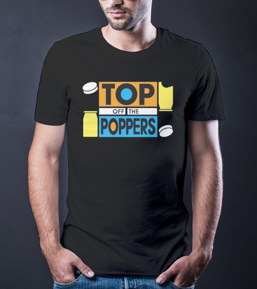 TOP OFF THE POPPERS Yellow And Blue Theme With White Pieces T-Shirt