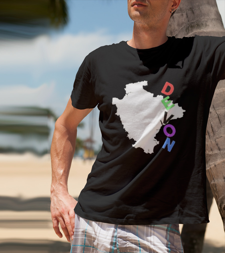 We Are Devon Island Map Outline With Colorful Vertical Text T-Shirt