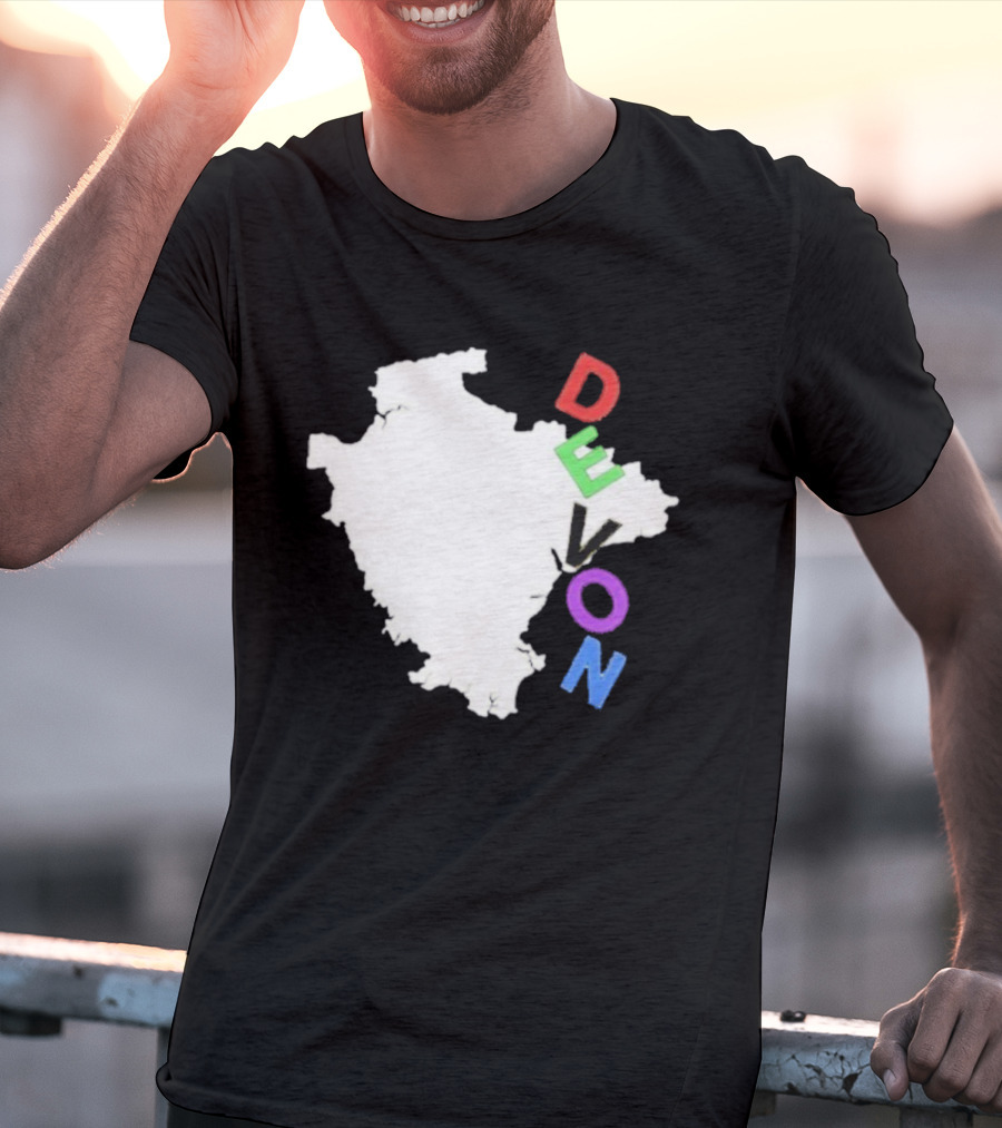 We Are Devon Island Map Outline With Colorful Vertical Text T-Shirt