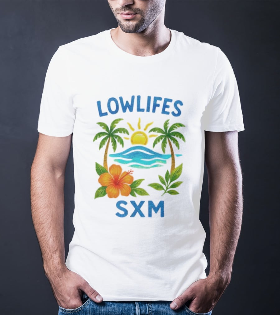 Lowlifes SXM Tropical Sunset 2025 Palms Hibiscus Ocean Sun T-Shirt
