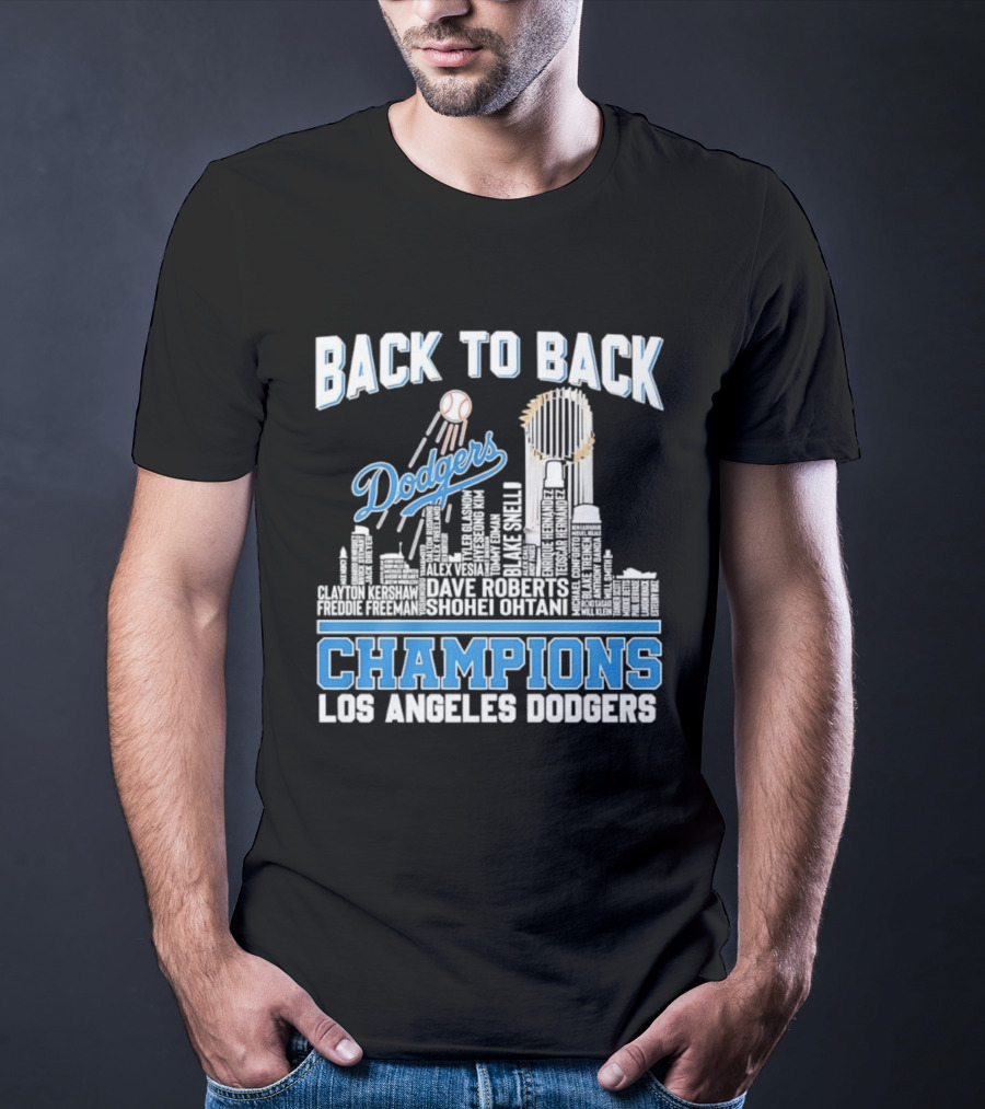 Back To Back Champions Dodgers Trophy Los Angeles Skyline T-Shirt
