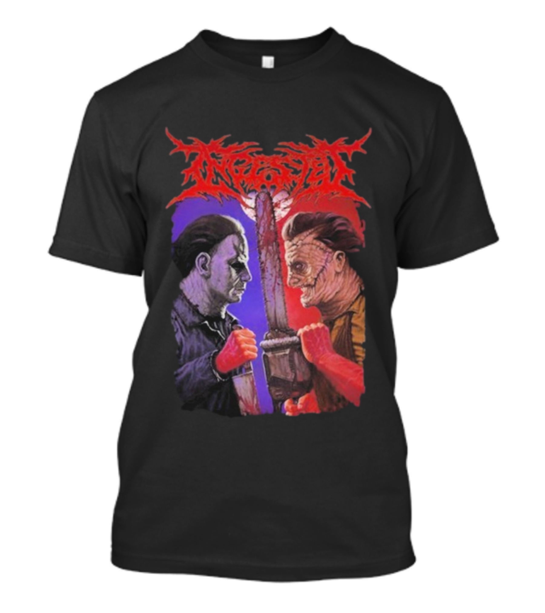 Michael Myers Freddy Krueger Ingested Chainsaw Showdown Graphic T-Shirt