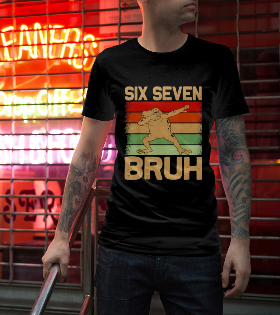 Six Seven Bruh Dab Frog Retro Stripes T-Shirt