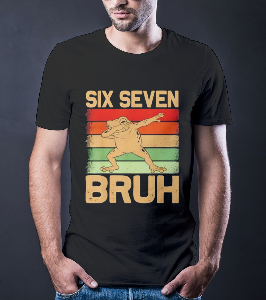 Six Seven Bruh Dab Frog Retro Stripes T-Shirt