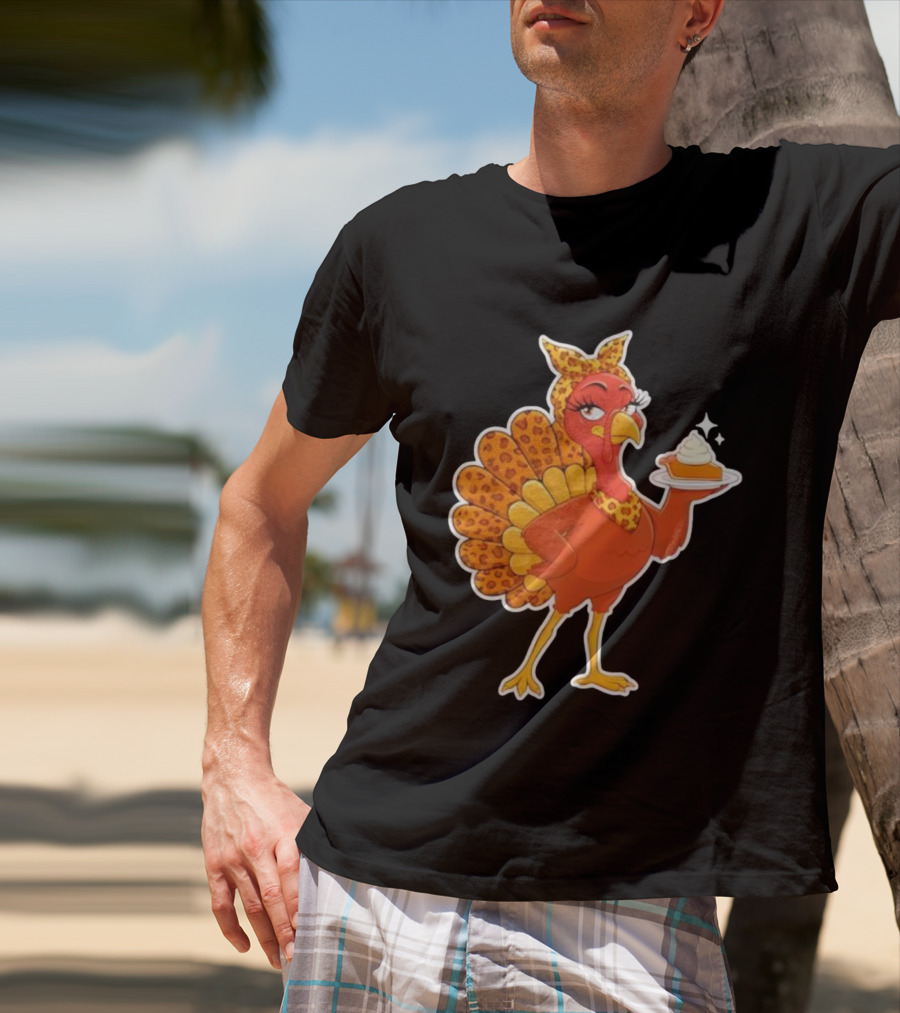 Leopard Print Turkey With Pumpkin Pie Thanksgiving T-Shirt