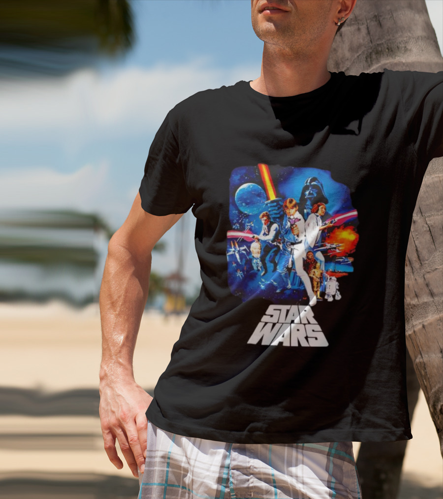 Star Wars New Hope Retro Darth Vader Luke Skywalker Leia Han Solo Chewbacca R2-D2 C-3PO Vintage Galactic Battle Scene T-Shirt